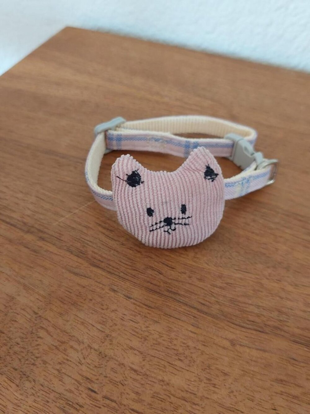 Pink corduroy cat face collar pink with black embroidered eyes and whiskers #cat